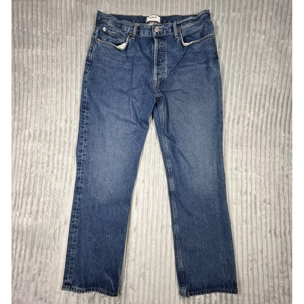Agolde Lana Mid Rise Vintage Straight Jeans Womens 31 Button Fly Fade Whiskering